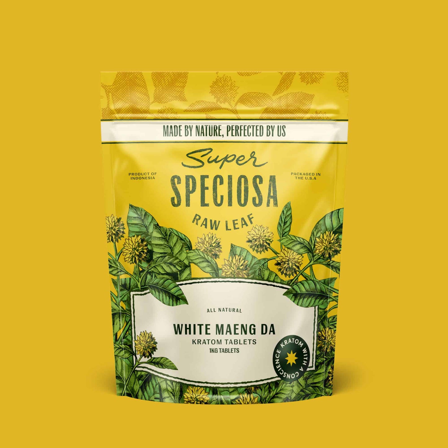 Super Speciosa White Maeng Da kratom tablets in 1 kilogram size and bag.