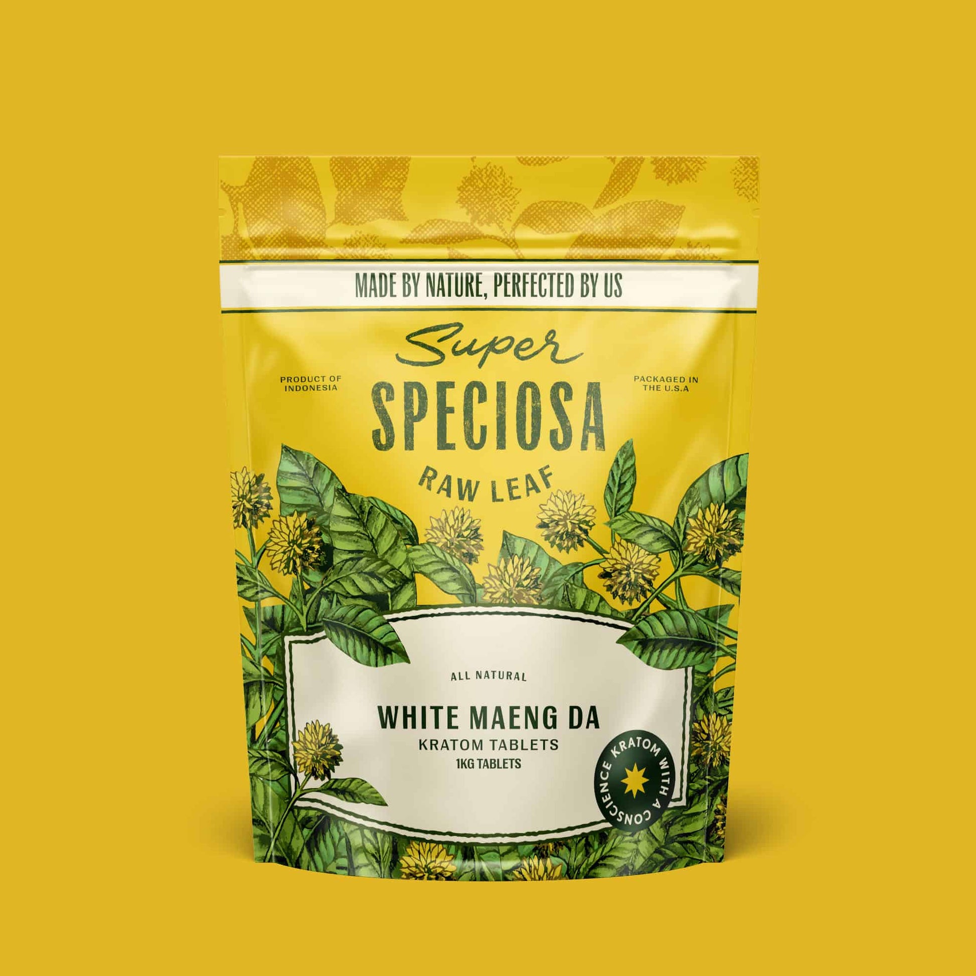 Super Speciosa White Maeng Da kratom tablets in 1 kilogram size and bag.
