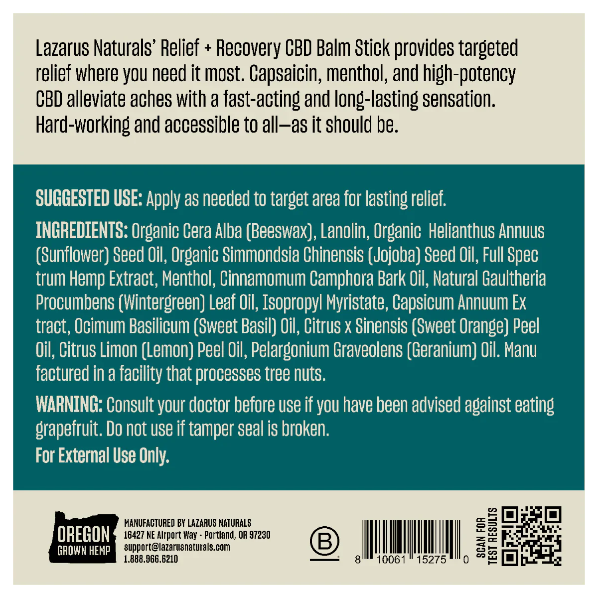 Lazarus Naturals CBD BALM STICK, RELIEF + RECOVERY