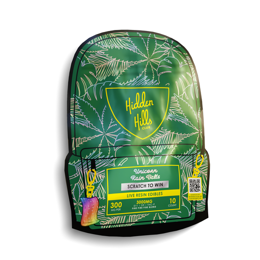 A green bag from Hidden Hills Edibles of 3000mg Unicorn Rainbow flavor gummy belts.