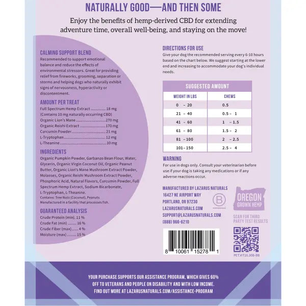Lazarus Naturals Calming Support CBD Dog Chews - Peanut Butter