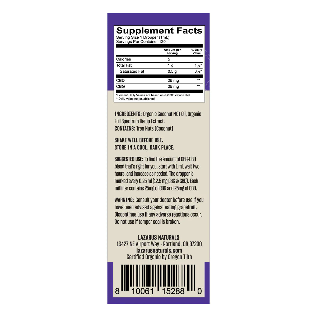 Lazarus Naturals ORGANIC CBD+CBG TINCTURE, 25MG CBD & 25MG CBG / ML