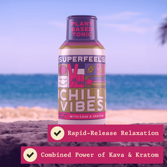 Super Fees Kava and Kratom Shot and drink with text explaining the benefits of this kava kratom product.