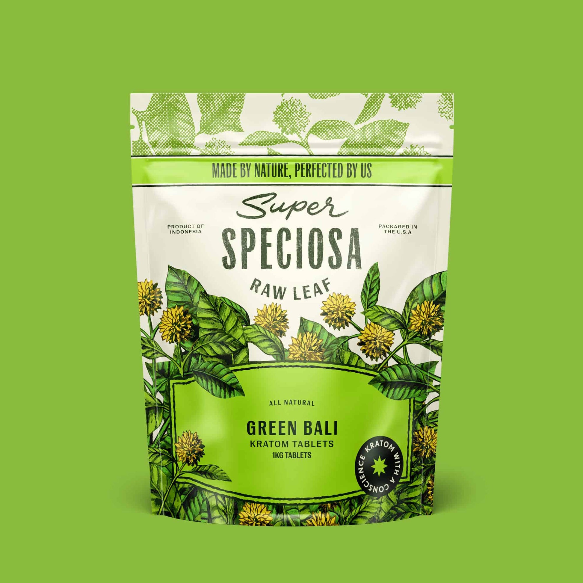 Super Speciosa Green Bali Kratom Tablets in 1 kilogram size and bag.