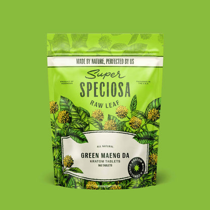 Super Speciosa Green Maeng Da kratom tablets in 1 kilogram bag and size.