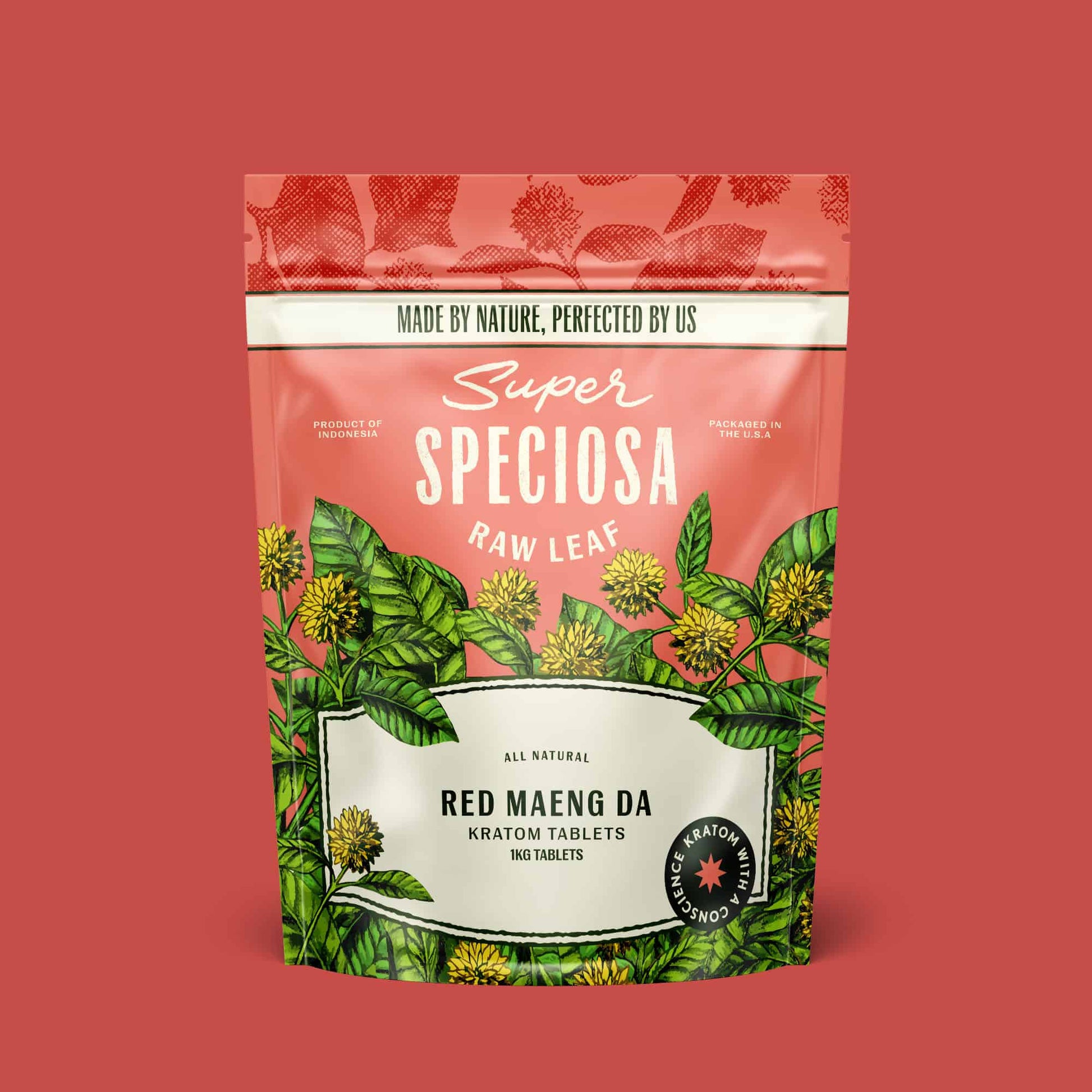 Super Speciosa Red Maeng Da kratom tablets in 1 kilogram bag and size.