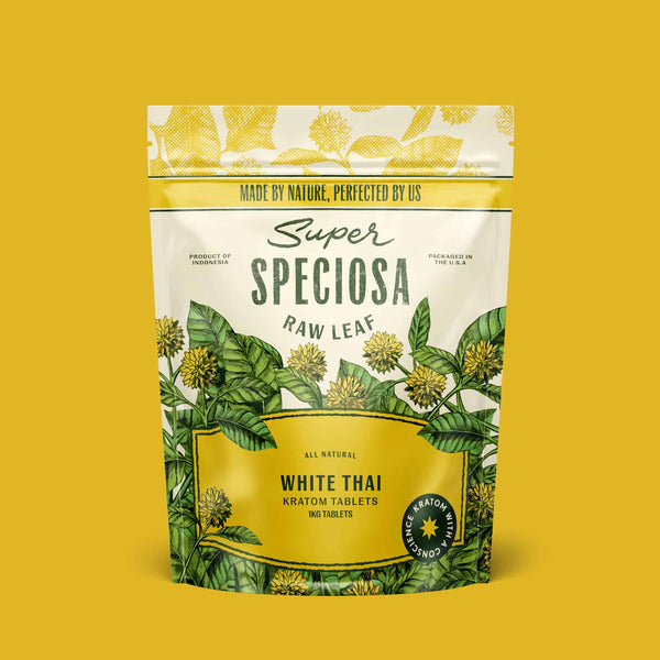 Super Speciosa White Thai kratom tablets in 1 kilogram size and bag.