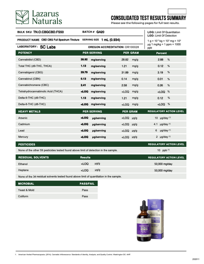 Lazarus Naturals ORGANIC CBD+CBG TINCTURE, 25MG CBD & 25MG CBG / ML