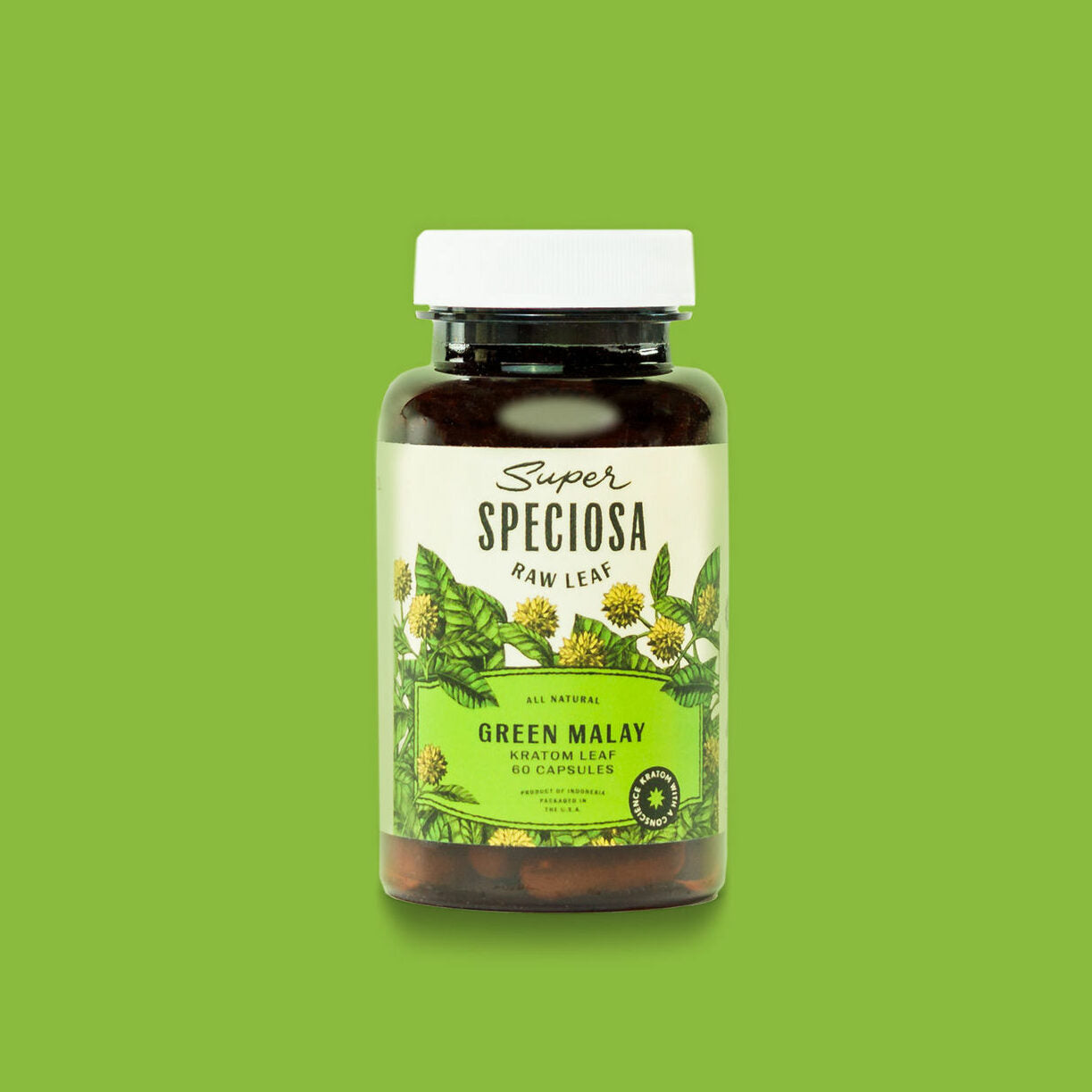 Super Speciosa Green Malay kratom capsule bottle. Buy Premium kratom pills online today!